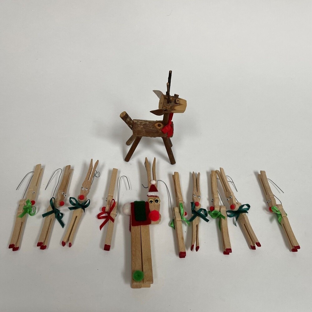 Wooden Reindeer Christmas Tree Ornaments Lot of 11
